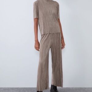 Zara Taupe Wide Leg Jumpsuit Pleated Set